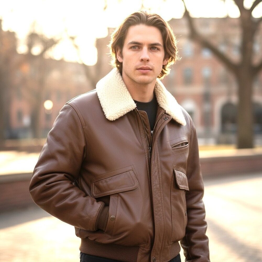 Vintage Lakeland Brown Leather Bomber Jacket Shearling Collar Aviator Mens L